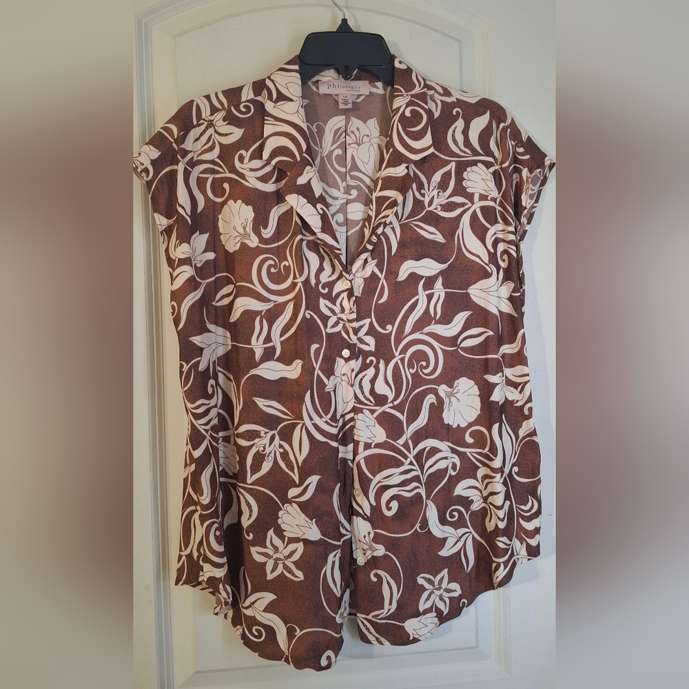 Anthropologie philosophy Brown and Cream Floral Button Down Shirt Sz L TROPICAl